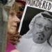 Para peserta unjuk rasa menunjukan poster dalam demo memprotes hilangnya wartawan Jamal Khashoggi di depan Kedutaan Besar Arab Saudi di Washington, 10 Oktober 2018. Khashoggi akhirnya diketahui tewas dibunuh di Konsulat Arab Saudi di Istanbul, Turki.