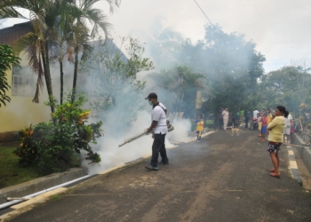 Personil Pangkalan TNI Angkatan Laut (Lantamal) VIII Manado menggelar fogging di Desa Bahowo, Kecamatan Tongkaina, Kota Manado, Jumat (11/1/2019).
