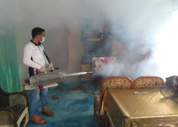 Petugas dari Dinas Kesehatan Bonebolango melakukan fogging di sejumlah rumah warga di Desa Toto Utara, Kamis (7/2/2019). Foto: Lukman Polimengo.