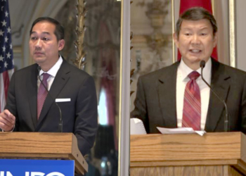 M Lutfi perwakilan dari Capres 01 dan  Hashim Jojohadikusumo perwakolan dari Capres 02,saat menggelar Visi Misi di Washington DC. Foto: VOA.