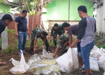 Jajaran Koramil Talaga bersama Tim Intel Korem 133/Nani Wartabone tengah memusnahkan barang bukti minuman beralkohol jenis Cap Tikus.