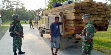 Satgas Pamtas Yonif 713/Satyatama  melakukan kegiatan pencegahan dan penindakan terhadap segala kegiatan yang berbau illegal logging di wilayah perbatasan Indonesia - Papua Nugini.