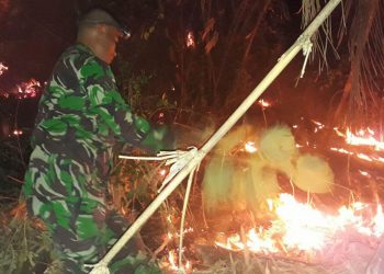 Aparat Babinsa Ramil 1304-06/Suwawa, saat memadamkan kebakaran yang terjadi di sekitar lokasi Pasar Minggu Suwawa Tengah, Selasa (24/9/2019).