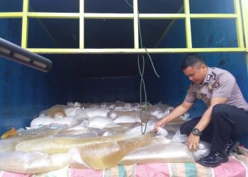 Aparat kepolisian Polda Gorontalo, saat mengamankan kendaraan truk yang membawa ribuan liter Cap Tikus. Foto: Lukman Polimengo.