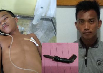 Korban tikam (kiri), pelaku penikaman (kanan), serta senjata tajan yang digunakan (tengah)