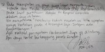 Potongan surat Asri Wahyuni Banteng yang mempertanyakan kepada Meyke Kamaru, Anggota DPRD Provinsi Gorontalo pada saat pertemuan dengan pihak Pemprov, sebelum dirinya ditahan.