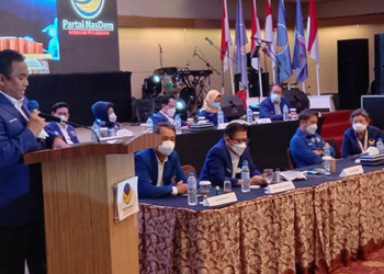 Wakil Ketua DPR RI, Rachmat Gobel, saat memberikan sambutan pada pembukaan rapat koordinasi wilayah (Rakorwil) DPW Partasn NAsdem Provinsi Gorontalo, yang digelar di salah satu hotel di Kota Gorontalo, 31 Maret hingga 1 April 2021.