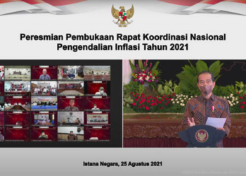 Presiden Joko Widodo membuka Rapat Koordinasi Nasional Pengendalian Inflasi Tahun 2021, Rabu (25/08/2021) pagi, di Istana Negara, Jakarta. (Sumber: Tangkapan Layar YouTube Sekretariat Presiden)
