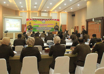 Kepala Kejaksaan Tinggi Gorontalo Risal Nurul Fitri, S.H yang didampingi Wakil Kepala Kepala Kejaksaan Tinggi Gorontalo Sila Pulungan melaksanakan Rapat Kerja Daerah (Rakerda) Tahun 2021 dengan seluruh Pejabat Struktural di Kejaksaan Tinggi Gorontalo, Selasa (28/12/2021).