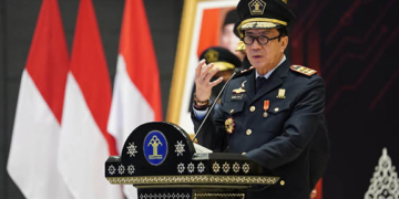 Menteri Hukum dan Hak Asasi Manusia (Menkumham), Yasonna H. Laoly, saat memberikan sambutan pada Upacara Hari Bakti Pemasyarakatan (HBP) Ke-58, Rabu (27/4). Foto : Kemenkumham.