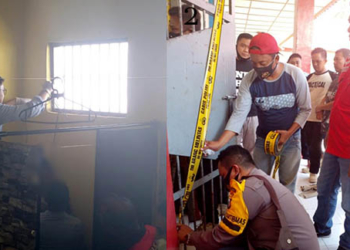 Gambar 1, Proses evakuasi narapidana yang bunuh diri di dalam kamar mandi blok hunian Kapas Boalemo. Gambar 2 : Aparat kepolisian memasang garis polisi di tempat kejadian perkara. Sumber foto : Istimewa.