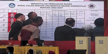 Suasana suksesi pemilihan Rektor Universitas Negeri Gorontalo (UNG), yang berlangsung di Hotel TC Damhil UNG, Selasa (25/7/2023). Foto : Lukman Polimengo/mimoza.tv.