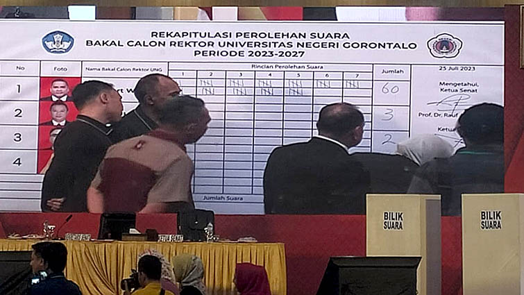 Suasana suksesi pemilihan Rektor Universitas Negeri Gorontalo (UNG), yang berlangsung di Hotel TC Damhil UNG, Selasa (25/7/2023). Foto : Lukman Polimengo/mimoza.tv.
