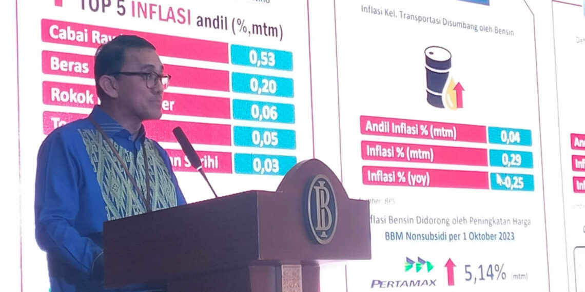 Plh Kepala Kantor Perwakilan Bank Indonesia (BI) Provinsi Gorontalo, Taufik Hidayat, saat memberikan sambutan dalam acara Pertemuan Tahunan Bank Indonesia (PTBI) 2023 yang berlangsung di Ballroom Saronde Lantai 4, Kantor Perwakilan Bank Indonesia Provinsi Gorontalo, pada Rabu, 29 November 2023. Foto : Lukman Polimengo/mimoza.tv.