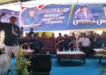Calon Anggota Legislatif DPR RI nomor urut 2, Prof. Rustam Akili, saat memberikan orasi pada Kampanye Partai Nasdem di Kelurahan Tenilo, Kecamatan Kota Barat, Kota Gorontalo, Ahad (10/12/2023).