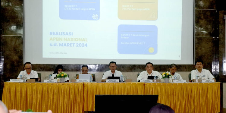 Kepala Kantor Wilayah (Kanwil)Ditjen perbendaharaan( DJPb) Provinsi Gorontalo, Adnan Wimbyarto, saat menyampaikan kinerja APBN lingkup Provinsi Gorontalo hingga 31 Maret 2024, dalam media Briefing APBN Lo Hulonthalo, yang digelar di Aula Huyula Kanwin DJPb Provinsi Gorontalo, Senin (29/4/2024). Foto : Lukman/mimoza.tv.