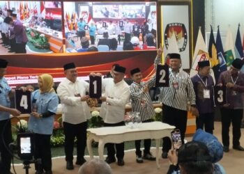 Empat Paslon yang akan maju dalam kontestasi Pilgub Gorontalo nanti, menunjukan nomor urut. Kegiatan pengundian nomor urut tersebut digelar di Kantor KPU Provinsi Gorontalo, Senin (23-9-2024). Foto : Lukman/mimoza.tv.