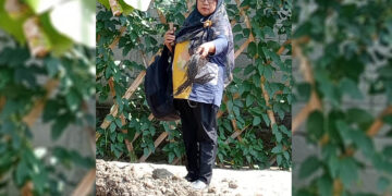 Harnida Mustapa , saat menunjukan bekas makam orang tuanya di Desa Suka Makmur, Kecamatan Tolangohula, Kabupaten Gorontalo pada Oktober 2023.