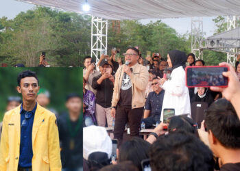 Penampilan Ketua Bawaslu Provinsi Gorontalo, Idris Usuli, saat didaulat vokalis grup band Kotak, Tantri, menyanyikan reffrain lagu "Pelan-pelan Saja" dalam konser yang digelar di Stadion Merdeka, Kota Gorontalo, Sabtu (12-10-2024). Foto insert, Presiden BEM Universitas Gorontalo, Harun Alulu. Foto  : Lukman/mimoza.tv.