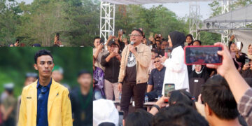 Penampilan Ketua Bawaslu Provinsi Gorontalo, Idris Usuli, saat didaulat vokalis grup band Kotak, Tantri, menyanyikan reffrain lagu "Pelan-pelan Saja" dalam konser yang digelar di Stadion Merdeka, Kota Gorontalo, Sabtu (12-10-2024). Foto insert, Presiden BEM Universitas Gorontalo, Harun Alulu. Foto  : Lukman/mimoza.tv.