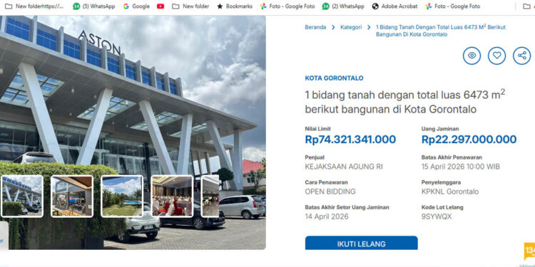 Tangkapan layar Hotel Aston Gorontalo yang muncul di situs lelang lelang.go.id, KPKNL.