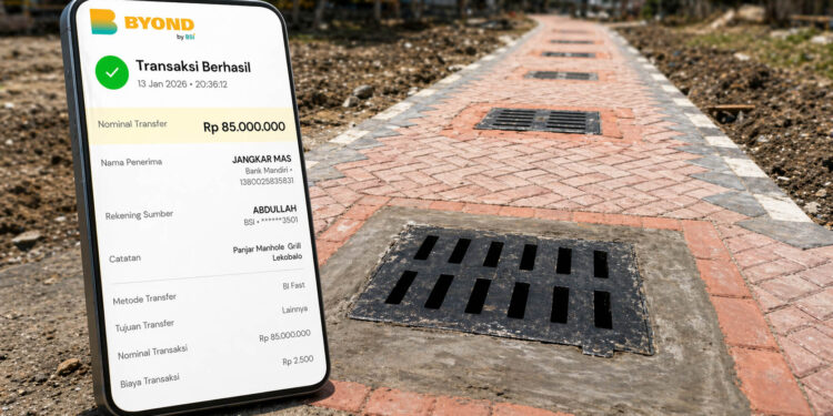 Gambar ilustrasi bukti transfer pembayaran material penutup manhole dalam proyek peningkatan kawasan kumuh di Kelurahan Lekobalo, Kota Gorontalo.