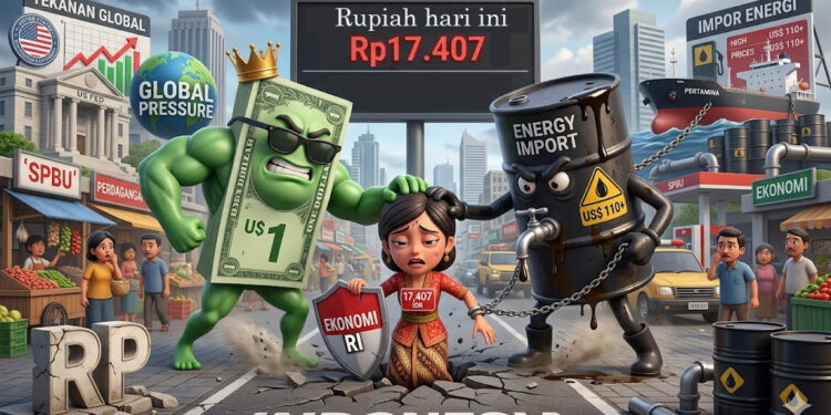 Ilustrasi rupiah melemah. Foto: Kecerdasan buatan.