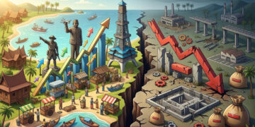 Foto ilustrasi memperlihatkan kontras antara pertumbuhan ekonomi Gorontalo yang terus meningkat dengan perlambatan kredit investasi. Di satu sisi, aktivitas industri, perdagangan, dan konsumsi masyarakat menunjukkan tren positif. Di sisi lain, pembiayaan investasi melalui perbankan justru mengalami kontraksi, menjadi catatan penting bagi keberlanjutan ekspansi dunia usaha di daerah. Ilustrasi ini dibuat menggunakan teknologi kecerdasan buatan (Artificial Intelligence/AI).
