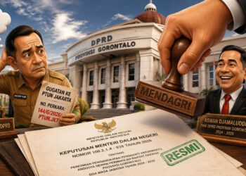 Gedung DPRD Provinsi Gorontalo dan dokumen PAW menjadi simbol tarik-menarik proses politik dan hukum dalam perkara Mustafa Yasin dan Aswan Djamaluddin. Gambar merupakan ilustrasi yang dibuat dengan teknologi kecerdasan buatan (AI). (Ilustrasi AI/mimoza.tv)