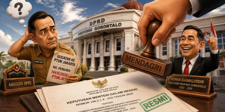 Gedung DPRD Provinsi Gorontalo dan dokumen PAW menjadi simbol tarik-menarik proses politik dan hukum dalam perkara Mustafa Yasin dan Aswan Djamaluddin. Gambar merupakan ilustrasi yang dibuat dengan teknologi kecerdasan buatan (AI). (Ilustrasi AI/mimoza.tv)