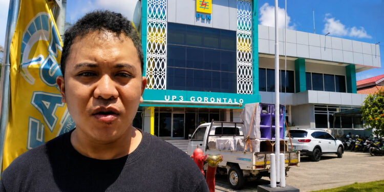 Koordinator aksi, Arya Syahrain, menggelar aksi demo di Kantor PLN UP3 Gorontalo, Selasa (14/7/2026).