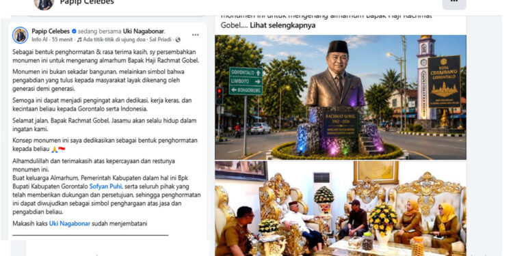 Tangkapan layar akun Facebook Papin Celebes, saat melakukan audiensi dengan Bupati Kabupaten Gorontalo, untuk rencana pembangunan monumen Rachmat Gobel.