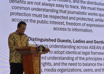 Menteri Hukum Supratman Andi Agtas saat menyampikn sambutan di acara ASEAN Forum on the Protection of Journalistic Works in the Copyright Regime in the Digital Era di The Patra Hotel, Bali, Sabtu (10/10/2026). FOTO: Dokumentasi AMSI.